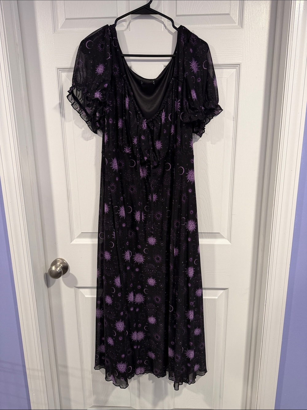 Black & Purple Celestial Mesh Midi Dress with Puff Sleeves